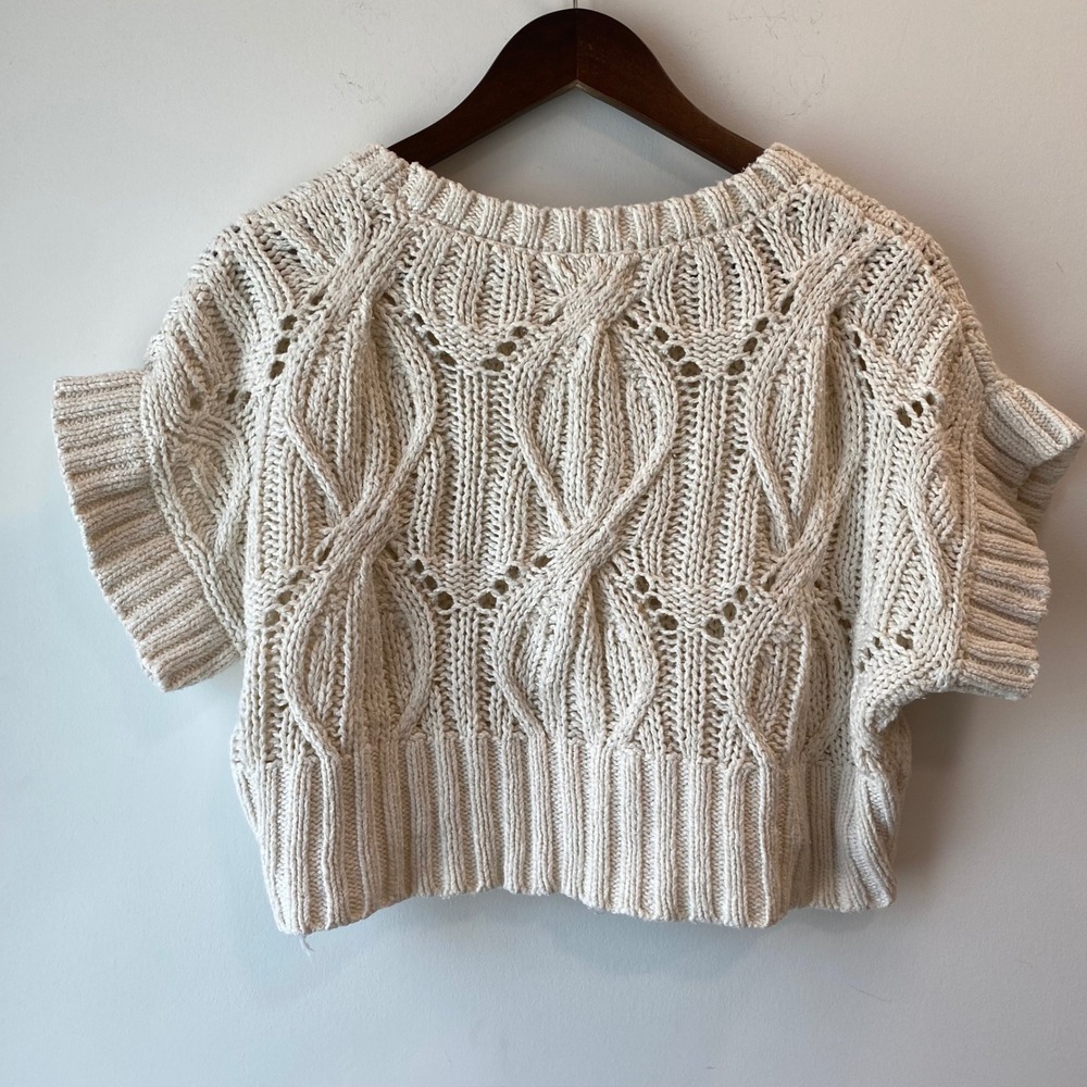 By Together Sweater Women S Cream Cable Knit Cropped Short Sleeve Boho Fisherman - Picture 2 of 6